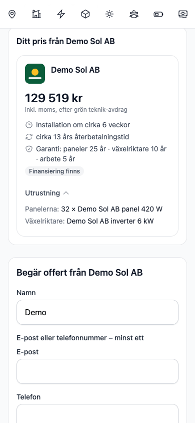 The client link on a phone: the installer's name at the top, the roof and the price.
