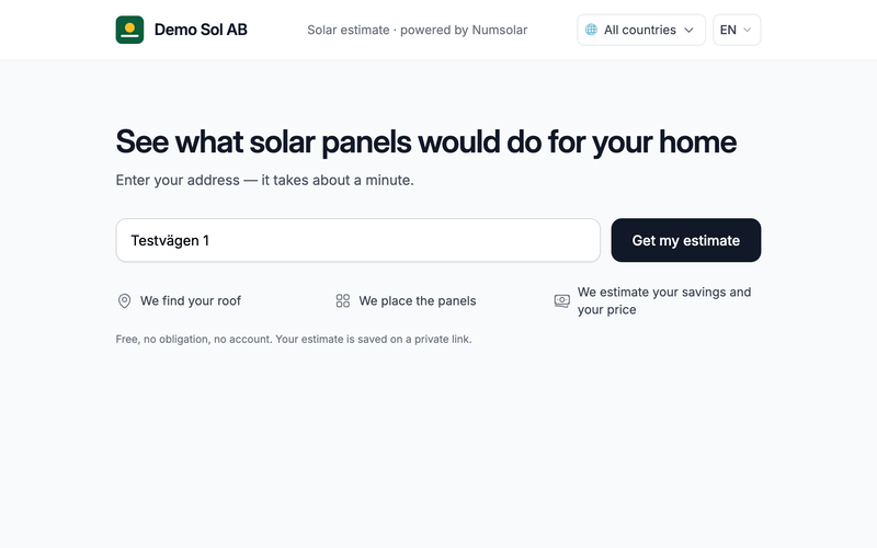 The start page of the client link: Demo Sol AB at the top and an address field.