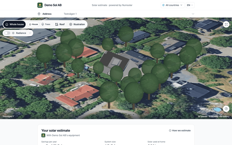 The house in 3D on the aerial photo, with the trees around it.