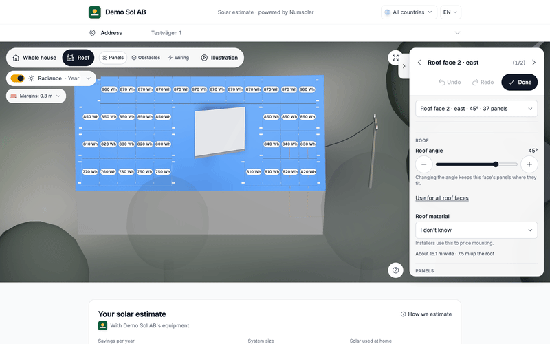 The Radiance view: the roof coloured by sunlight, with each panel's production per day.