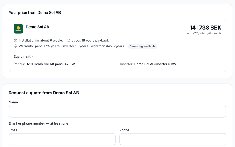 The price card from Demo Sol AB: the total incl. VAT after the green-tech deduction, payback, warranties and equipment.