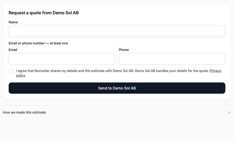 The request form: name, email or phone, consent and "Send to Demo Sol AB".