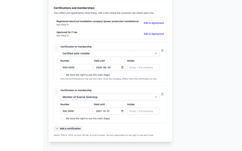 The organisation settings' list of certifications with number and expiry date.