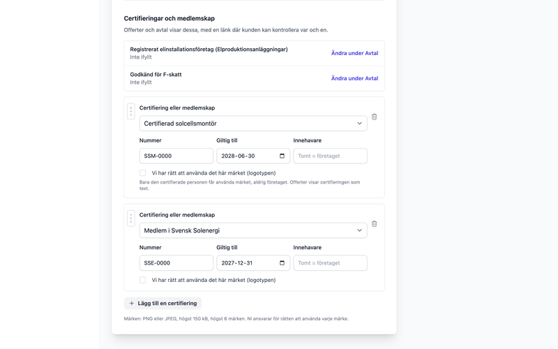 Organisationsinställningarnas lista med certifieringar, nummer och utgångsdatum.