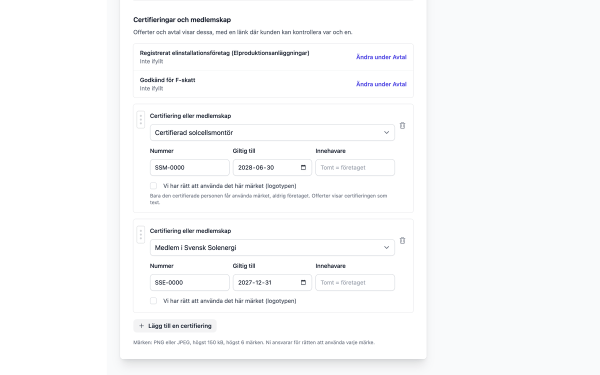 Organisationsinställningarnas lista med certifieringar, nummer och utgångsdatum.