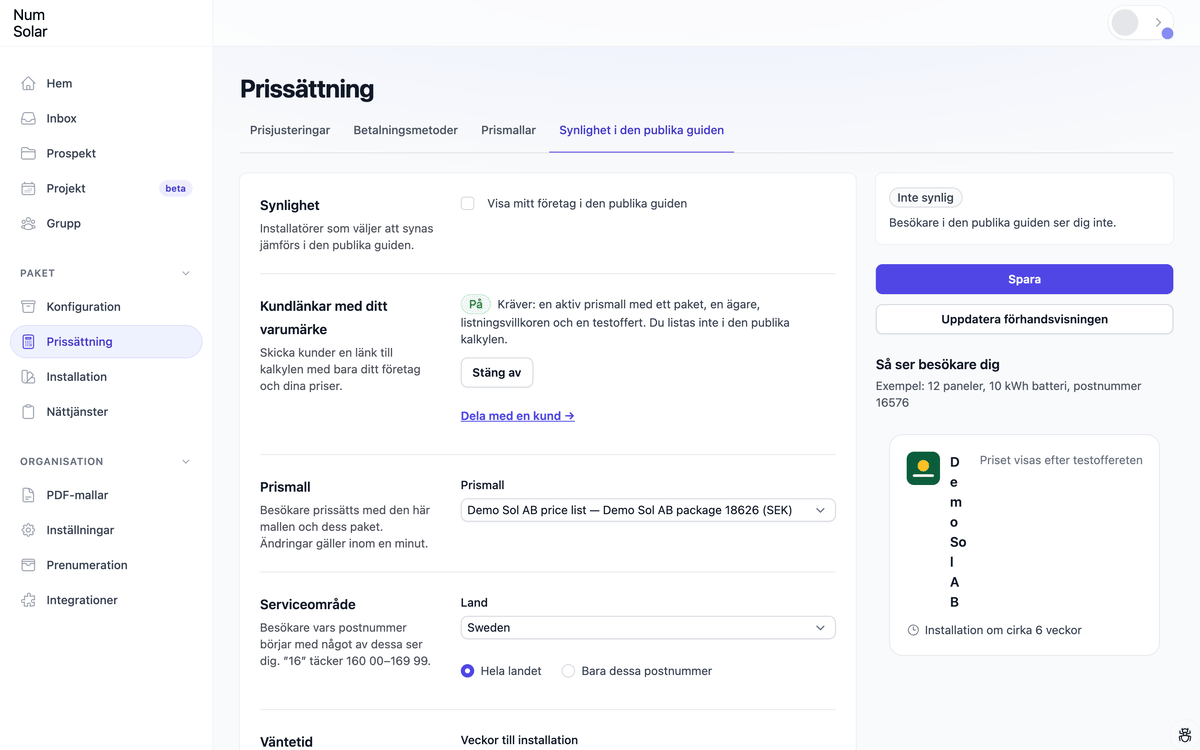 Listningssidan: prismallen, kundlänkarna med ditt namn och serviceområdet.
