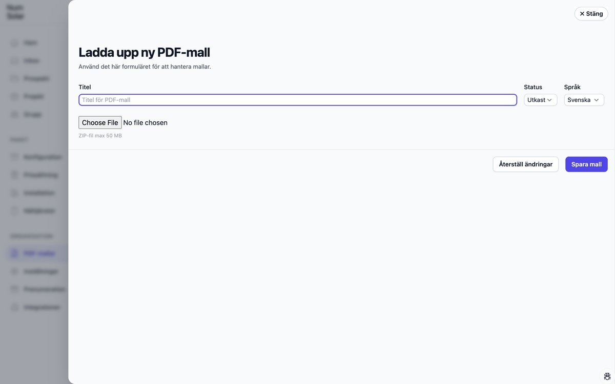 Formuläret för att ladda upp en PDF-mall: titel, status, språk och zip-filen.