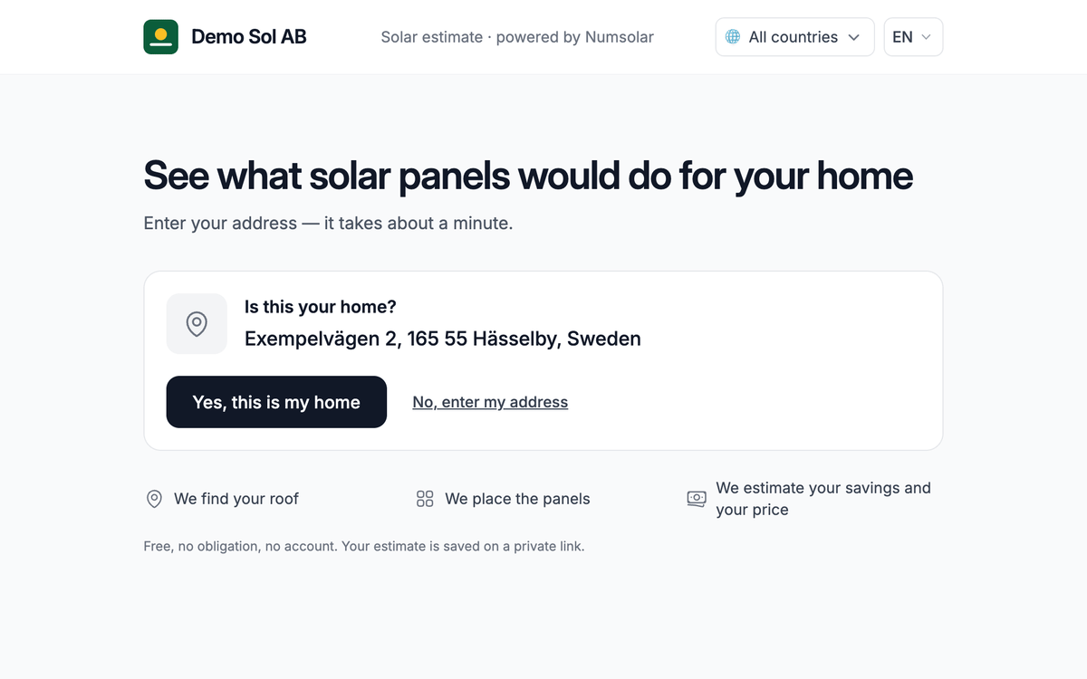 The start page of the client link: Demo Sol AB at the top and an address field.
