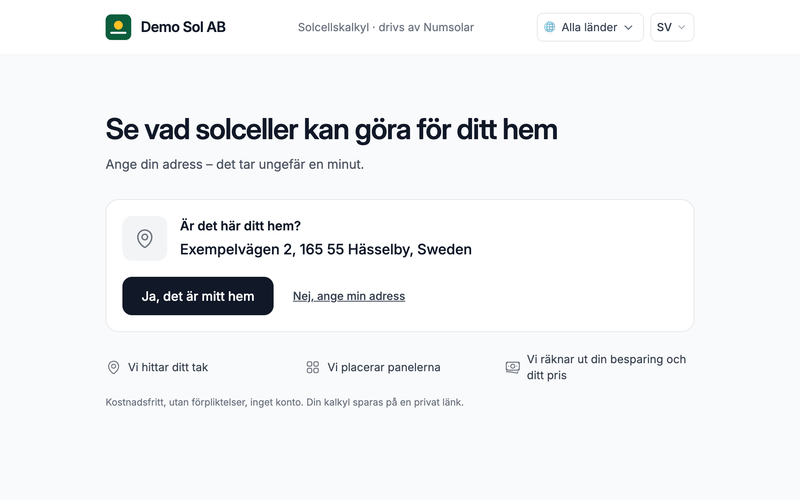 Startsidan i kundlänken: Demo Sol AB överst och ett adressfält.
