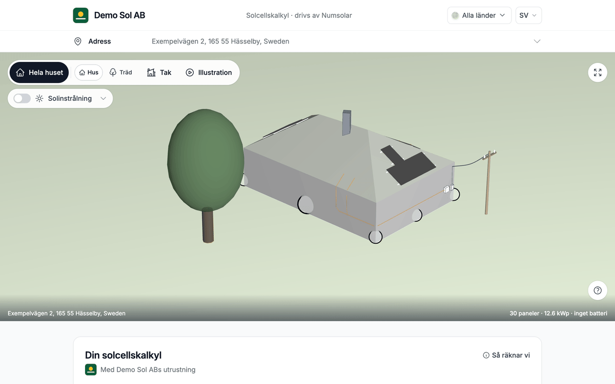 Kundlänken med installatörens namn: taket i 3D och Demo Sol AB:s priskort.