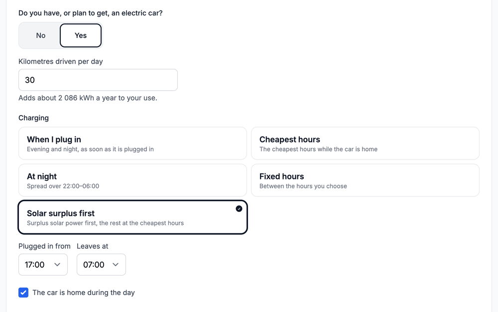 Charging options compared for the test house: cost a year, share from solar and the difference to "When I plug in".