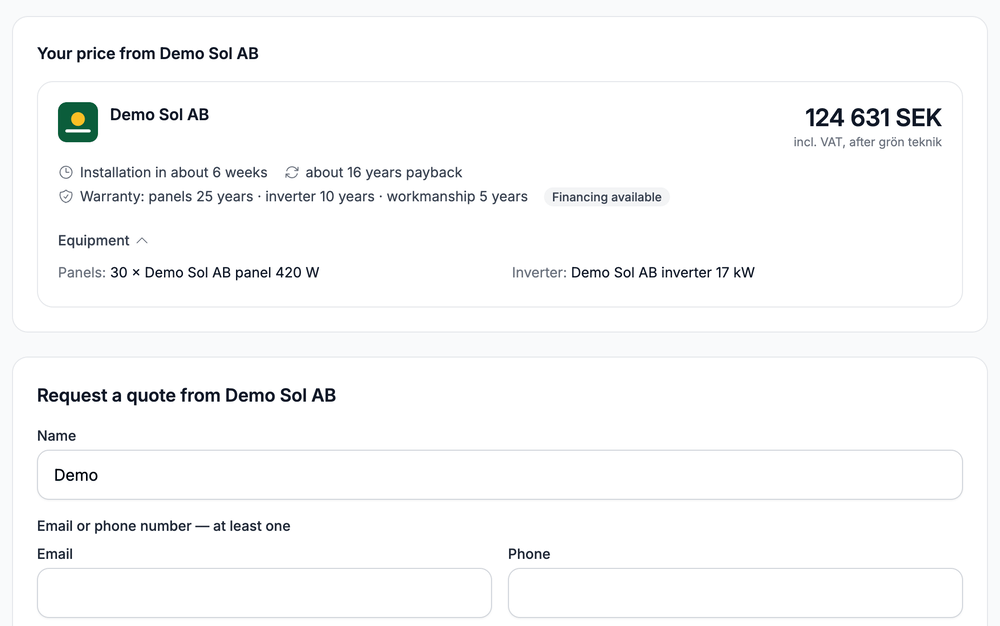 The price card from Demo Sol AB: the total incl. VAT after the grön teknik deduction, payback, warranties and equipment.
