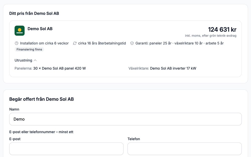 Priskortet från Demo Sol AB: totalpriset inkl. moms efter grön teknik-avdrag, återbetalningstid, garantier och utrustning.