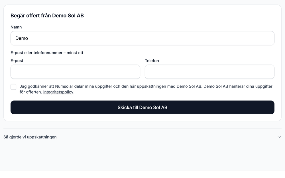 Formuläret för förfrågan: namn, e-post eller telefon, samtycke och ”Skicka till Demo Sol AB”.