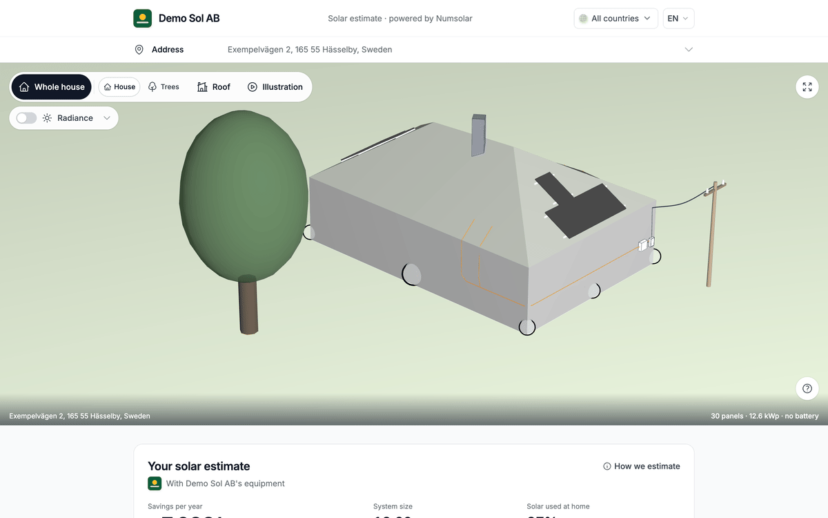 The configurator: the home's address is confirmed, the roof is found and drawn in 3D.