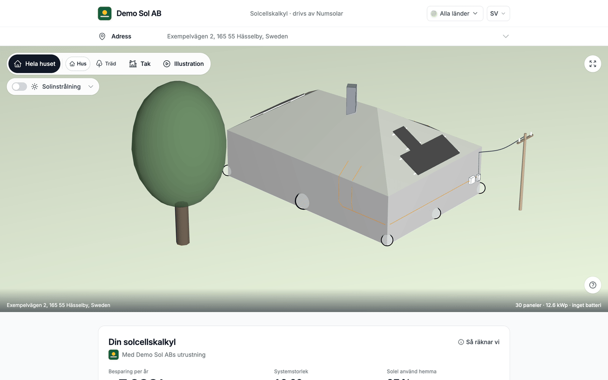 Testhuset i 3D på en neutral mark, med ett träd bredvid.