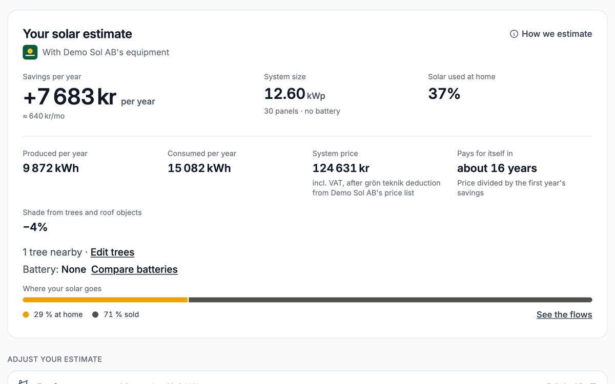 The result card: production per year, saving per year, payback and how much solar is used at home.