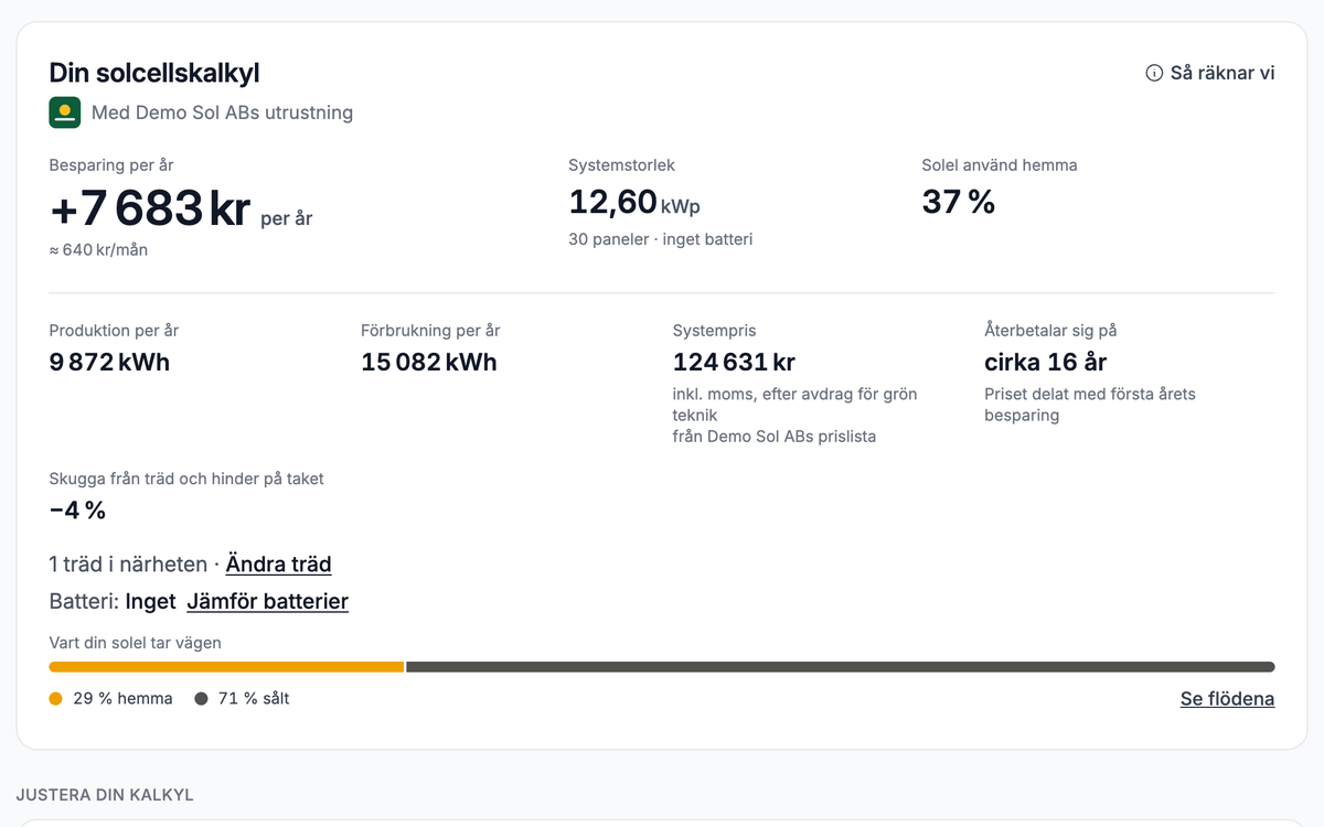 Resultatkortet: produktion per år, besparing per år, återbetalningstid och hur mycket solel som används hemma.