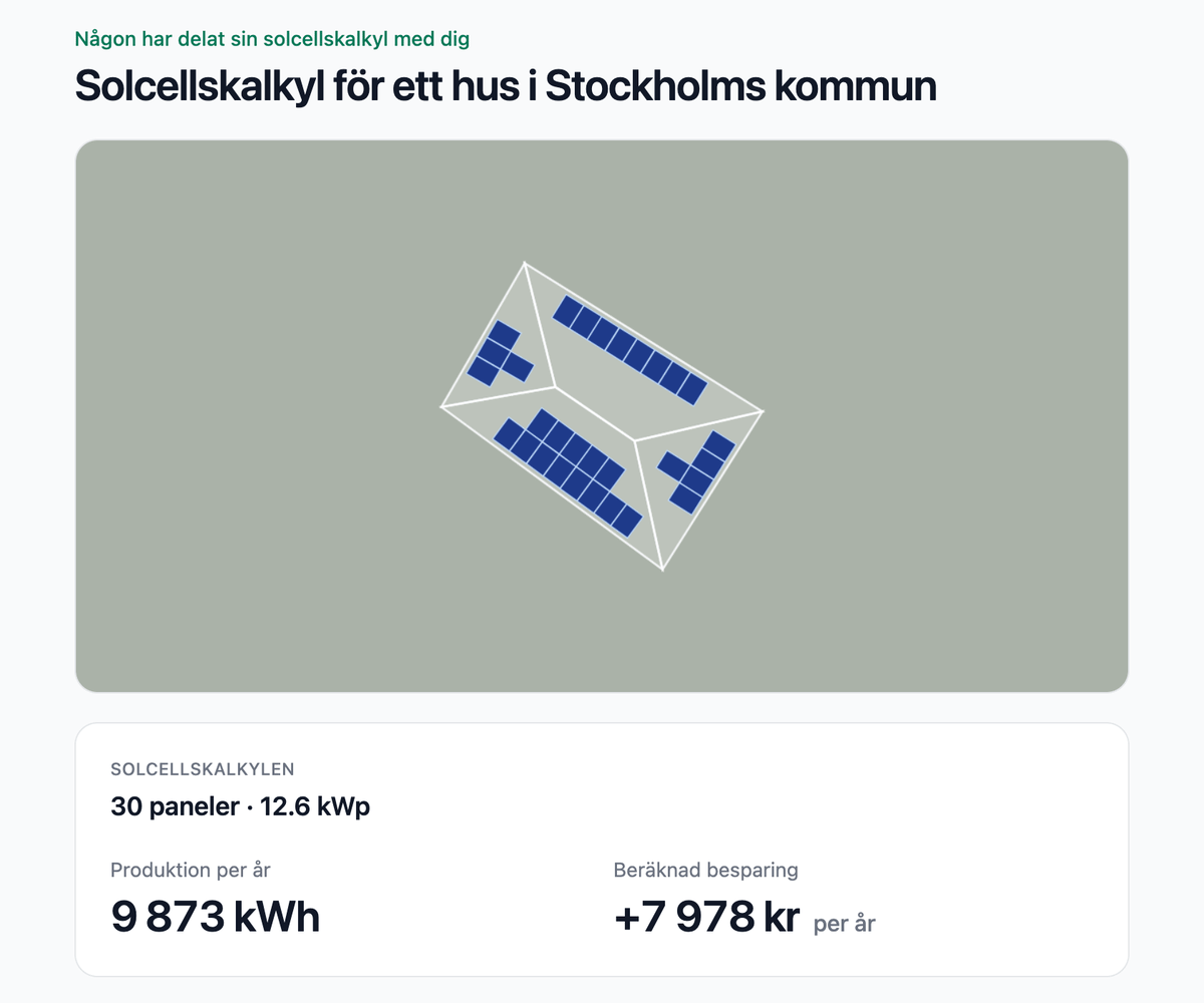 Det delade resultatet: paneler, kWp, kWh per år och takets kontur, med kommunen men ingen adress.
